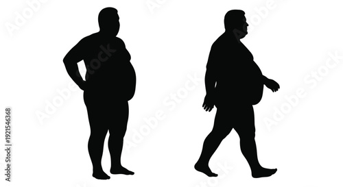 Silhouettes of two overweight men standing and walking isolated on white