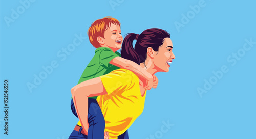 Happy mother giving young son a piggyback ride on blue background