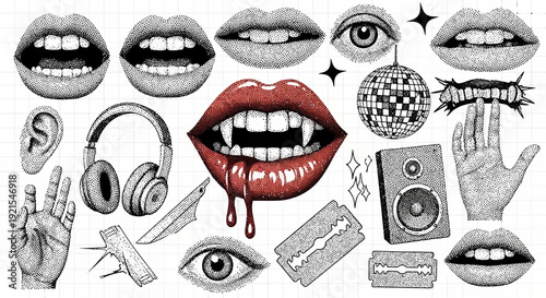 vintage lips illustration, eye, hand, headphones, razor, speaker, disco ball