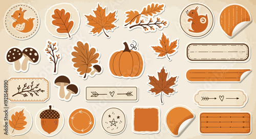 autumn sticker set, fall leaves, pumpkin, acorn, squirrel, vintage design