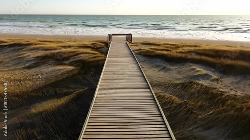 Wooden boardwalk leads through sandy dunes toward the ocean, with gentle waves lapping at the shore under a clear sky during golden hour light