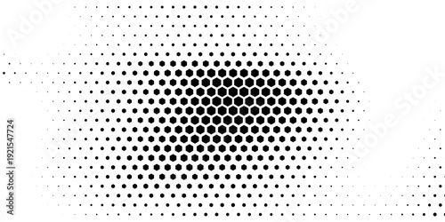Hexagon halftone gradient texture. Abstract black grunge background. Geometric retro halftone tech overlay. Fading wavy hexagonal pattern backdrop. Vector vanishing honeycomb grunge bitmap wallpaper