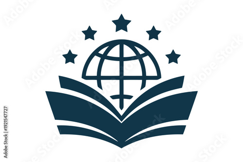 Dark blue emblem with open book globe and stars on Book Day