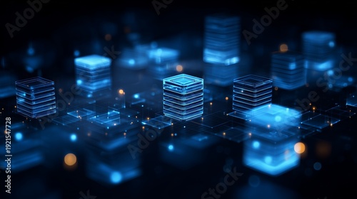 Glowing server stack connected by digital link illustrating database migration visualization with data flow and network topology.