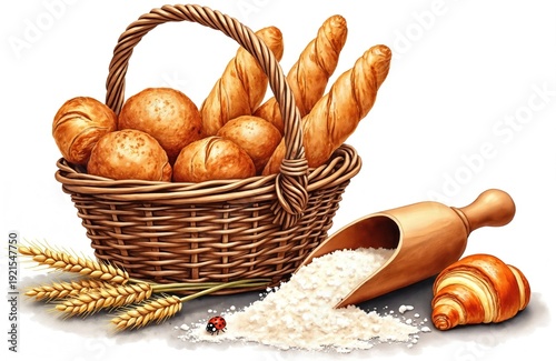 Basket overflows with fresh bread, baguettes, rolls, and croissants. Wheat stalks, flour spill from wooden scoop. Ladybug rests near white background. Baking ingredients art illustration.
