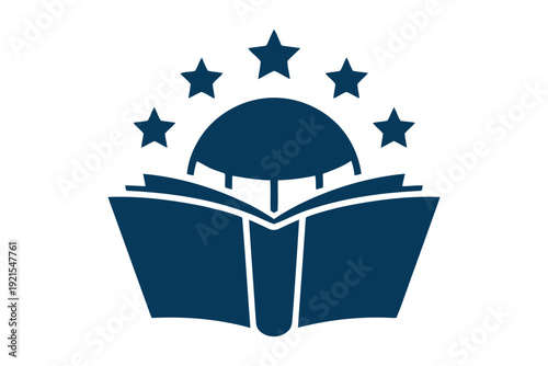 Dark blue open book with semicircle sun and five stars above it Book Day