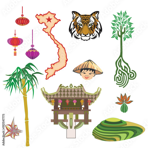 Symbols and sights of Vietnam - a set of templates for design. Vector clipart