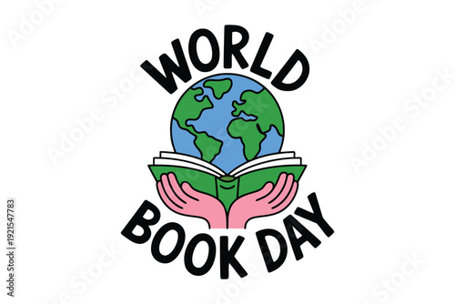 Globe held as an open green book with text Book Day pink hands Book Day