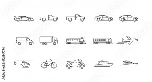 Collection of various vehicle line art icons.