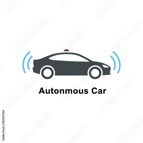 Minimal autonomous car icon, radar lines, flat vector, white background