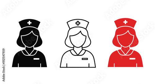 Three nurse icons in varying colors with classic uniform depictions