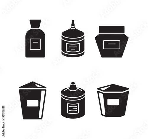 Collection of cosmetic bottles lotion containers household cleaner jars and liquid dispensers silhouette