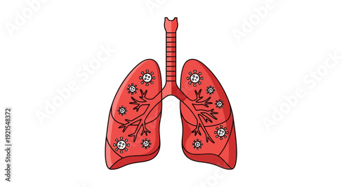 Human Lungs Infected by Virus Cartoon Illustration on White