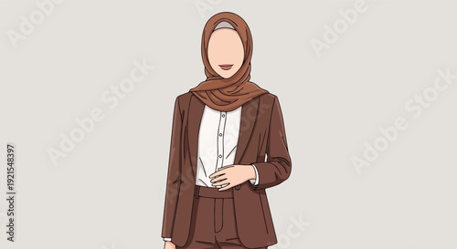 A professional woman wearing a hijab and brown business attire standing confidently.