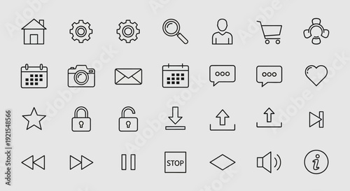 Collection of Simple Outline Icons for User Interface Design.