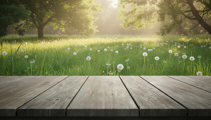 Wooden plank surface and meadow scene with blurred lights, designed for background use in layouts or editorial headers, Earth Day, Decorative Backgrounds & Display Surfaces
