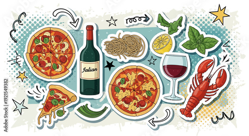 Italian food pizza wine pasta lobster illustration