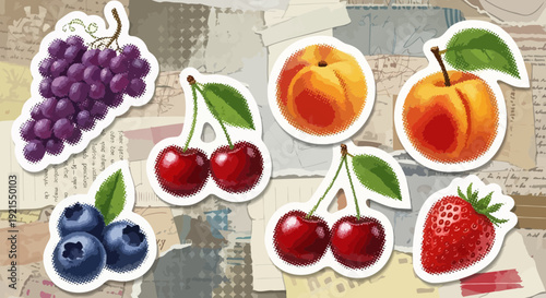 fruit stickers collage, fresh berries and peaches on textured background