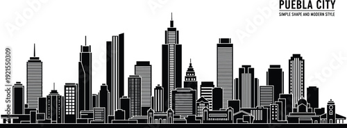 Black and white cityscape of Puebla City skyline buildings