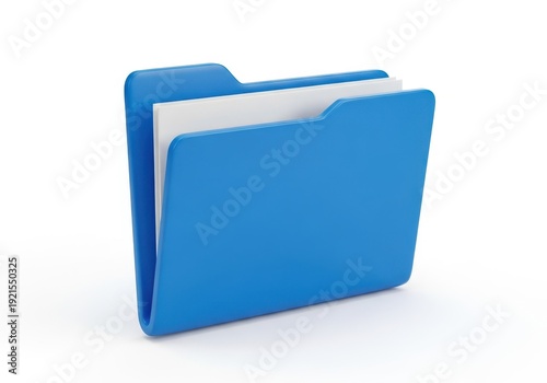 A blue file folder with papers inside on a white background.