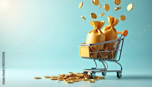 Shopping cart brimful with money bags and gold coins. Coins spill from cart onto clean pastel background. Concept for wealth abundance financial success savings investment.