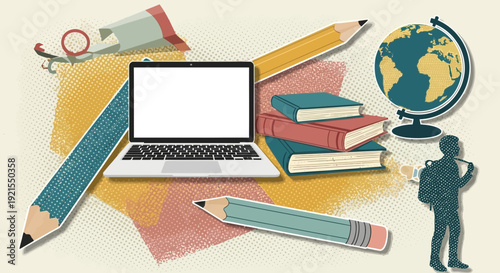 education concept, laptop, books, globe, pencil, student