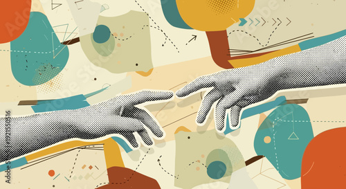 hands touching illustration, connection concept, retro design