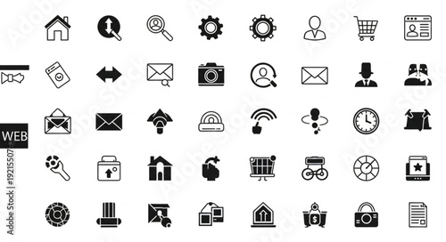 Collection of black and white simple icons for web and app design.