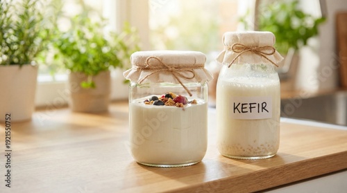 Two glass jars filled with creamy kefir and garnished ingredients, set on a wooden surface, exuding freshness. These dairy delicacies showcase the essence of healthful nutrition.