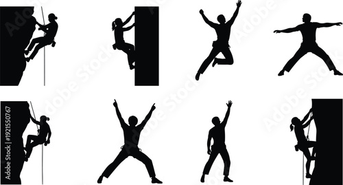 Rock climbing and jumping human silhouettes illustration set showing active people in dynamic poses, adventure sport concept, black vector figures isolated on white