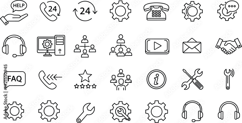 Fototapeta premium Customer Support and Service Line Icon Set with Help Desk, Call Center and Technical Assistance Symbols Outline Vector Collection