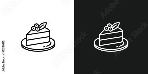 A simple line art illustration of a layered cake with cherries on top, presented on a plate against a contrasting white and black background from a straightforward front viewpoint.