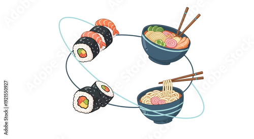 Sushi and Ramen Bowls with Chopsticks.