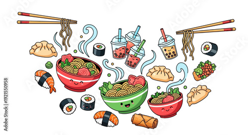 Assorted Asian Cuisine Sushi and Noodle Bowls.