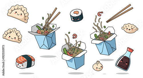 Sushi and Japanese Food in Takeout Boxes.