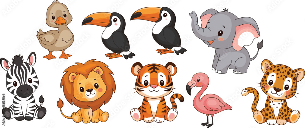 Fototapeta premium Cute cartoon zoo animal character set with lion tiger elephant zebra flamingo toucan duck and leopard isolated on white background for kids illustration