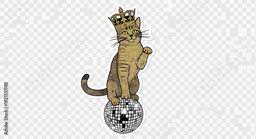 Cat king on disco ball, animal illustration, vintage style
