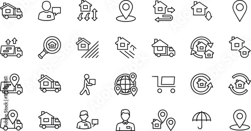 Real Estate Delivery and Property Location Line Icon Set with House, Moving Truck and Map Pin Outline Vector Collection