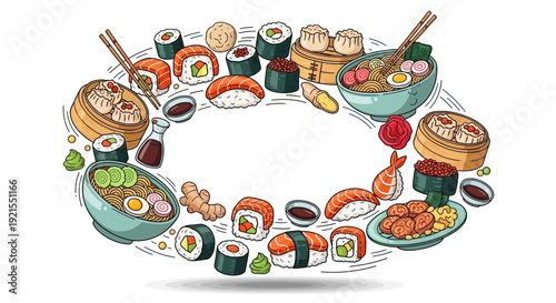 Assorted Japanese Cuisine Dishes in Circle.