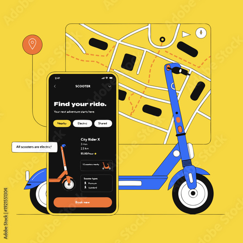 A blue electric scooter next to a phone on a yellow background