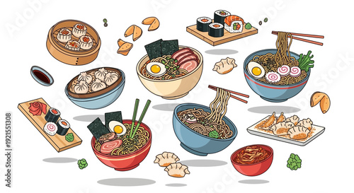 Assorted Ramen Bowls with Toppings and Ingredients.