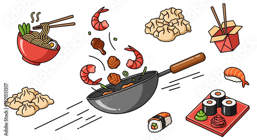 Sushi and Seafood Cooking in Wok.