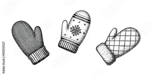 Knitted mittens vector illustration warm winter gloves set