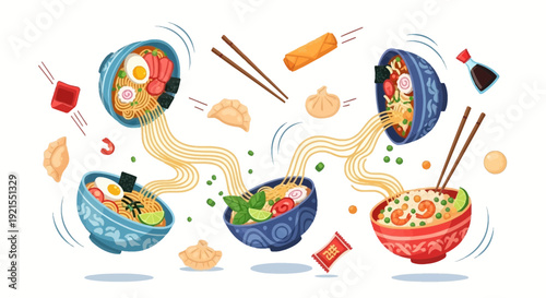 Colorful Bowls of Asian Noodle Dishes.