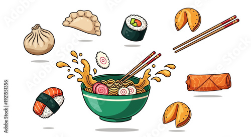 Assorted Japanese Dishes and Ingredients Illustration.