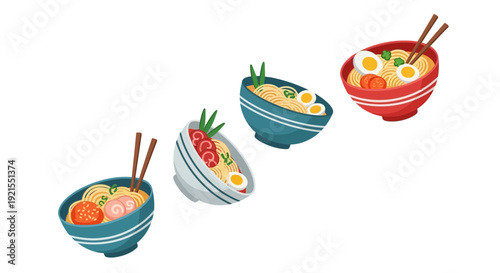 Colorful Cartoon Bowls of Ramen Noodles.