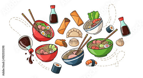 Assorted Sushi and Japanese Cuisine Ingredients.