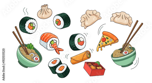 Assorted Japanese Cuisine Sushi and Dumplings Illustration.