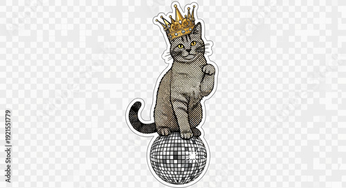 Cat with crown on disco ball, sticker design