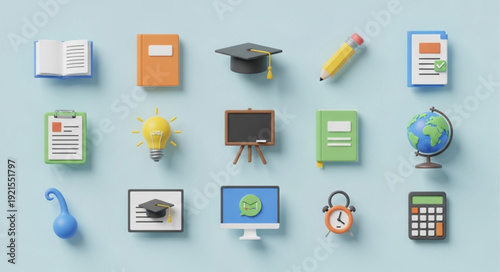 Collection of educational icons and symbols on a blue background.